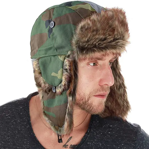 Camo Aviator Hat Camouflage Hunting Trapper Hats w/ Faux Fur Woodland Army Camo 