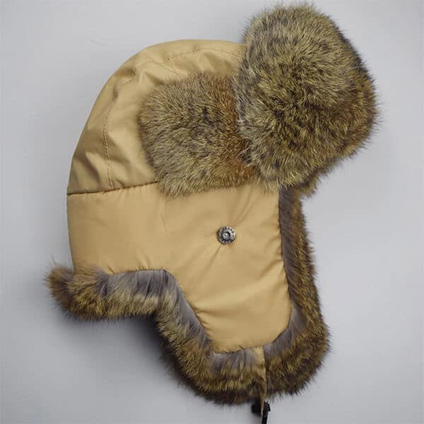 Beige and tan rabbit fur trapper hat
