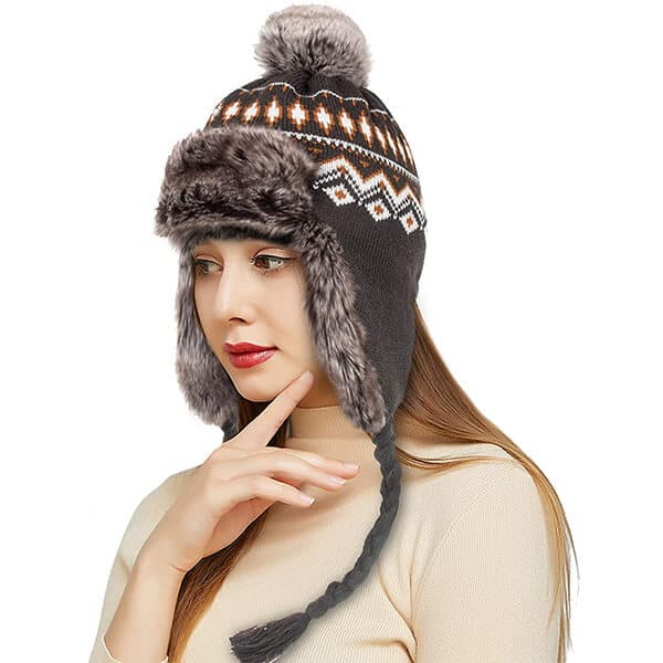 New Mens Womens Unisex Knitted Faux Fur Winter Warm Lined Trapper Ski Hat Strap 