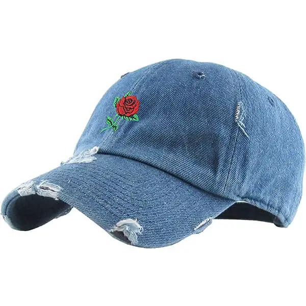 Rose Embroidery Distressed Denim Baseball Hat