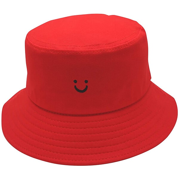 Smile face embroidered red bucket hat