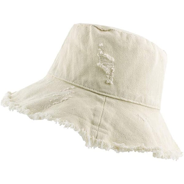White distressed denim bucket hat