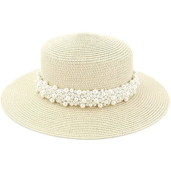 Flat brim sun hat with a pearl band